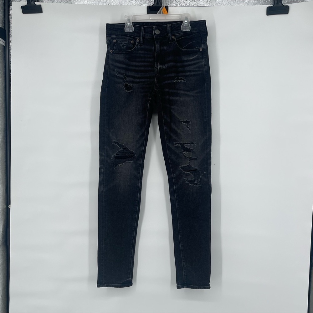 American Eagle, black, skinny, distressed, stretch, denim jeans